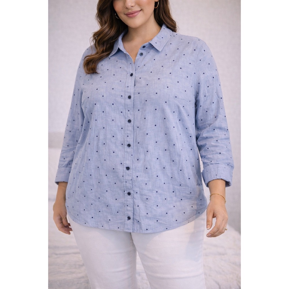 Star Print Linen Blend Button Down Shirt Light Blue Long Sleeve Relaxed Fit